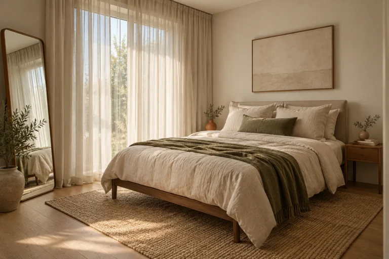Small bedroom with a low platform bed, tonal neutral bedding, and sheer curtains hung near the ceiling