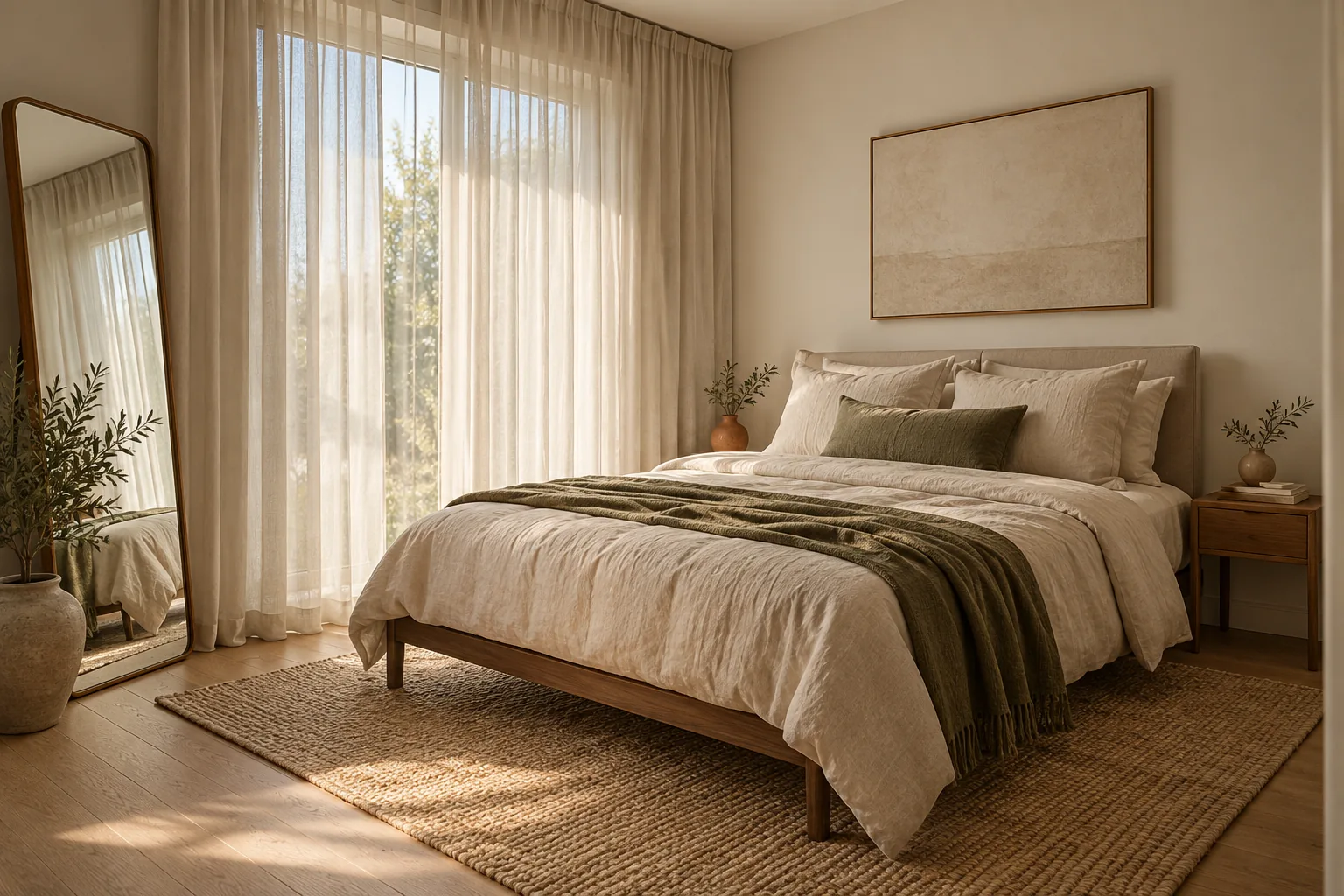 Small bedroom with a low platform bed, tonal neutral bedding, and sheer curtains hung near the ceiling