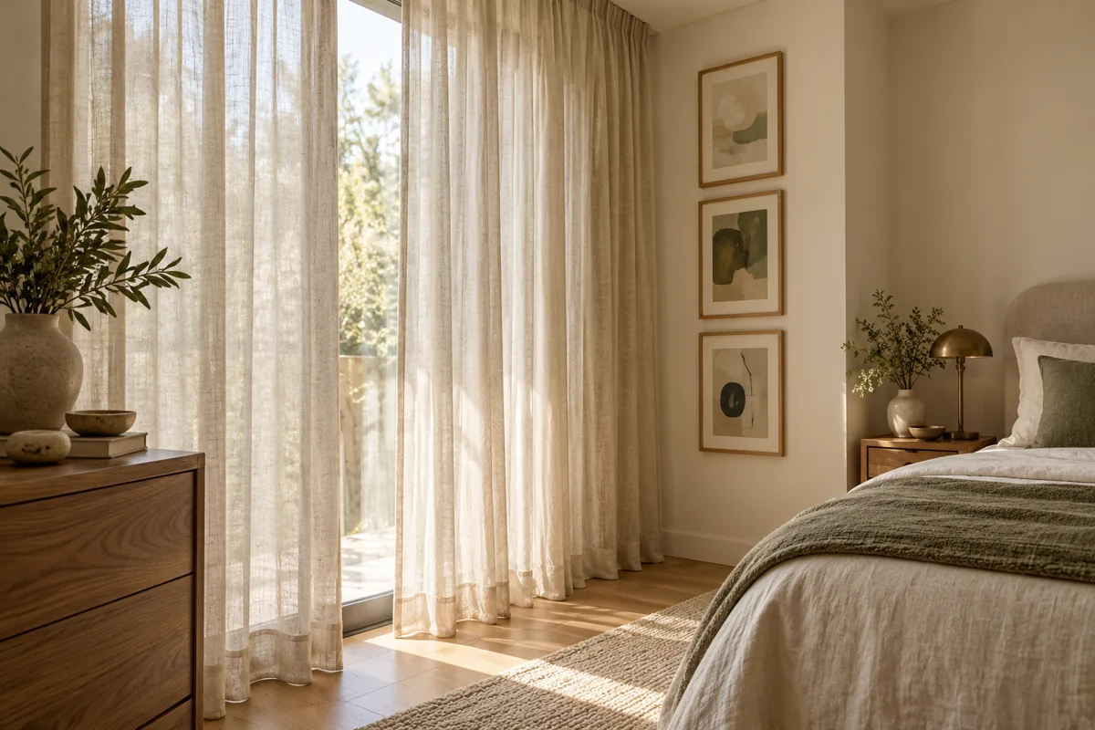 Sheer curtains mounted near the ceiling beside a vertical grouping of framed art