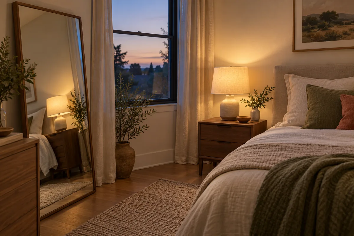 Leaning floor mirror reflecting a warm table lamp in a small bedroom corner