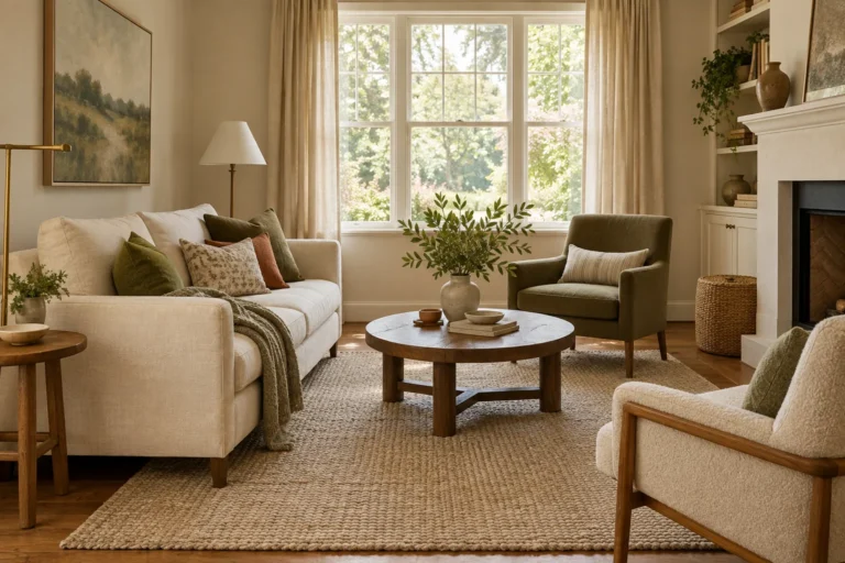 Small living room with a compact sofa and two chairs grouped around a neutral rug