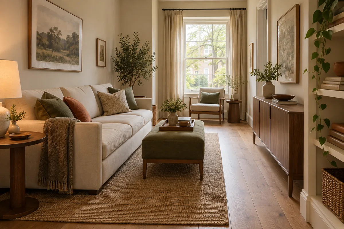 Narrow living room with a sofa along the long wall and a clear walkway