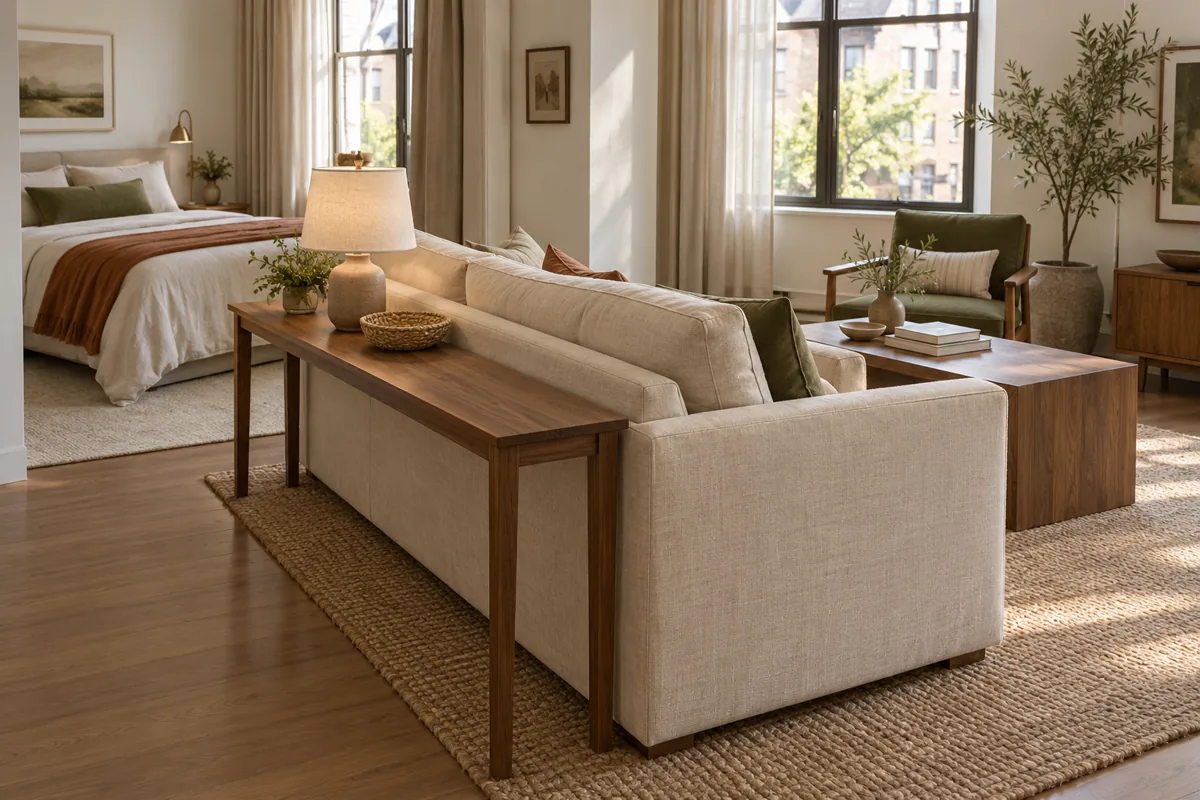 Sofa floated in an open room with a narrow console and lamp behind it