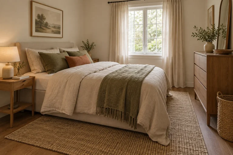 A calm small bedroom with a slim shelf, narrow dresser and woven basket in soft morning light