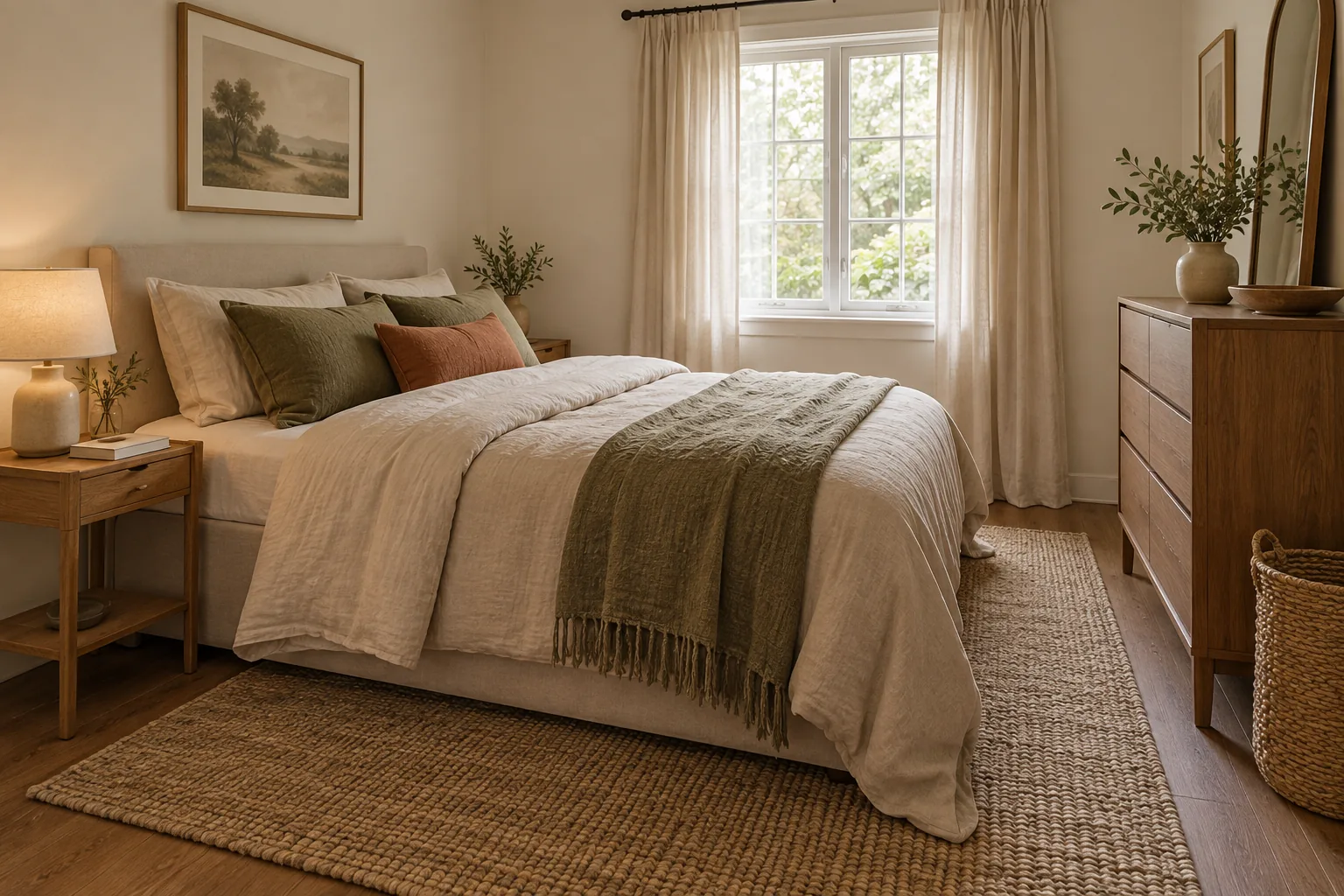 A calm small bedroom with a slim shelf, narrow dresser and woven basket in soft morning light
