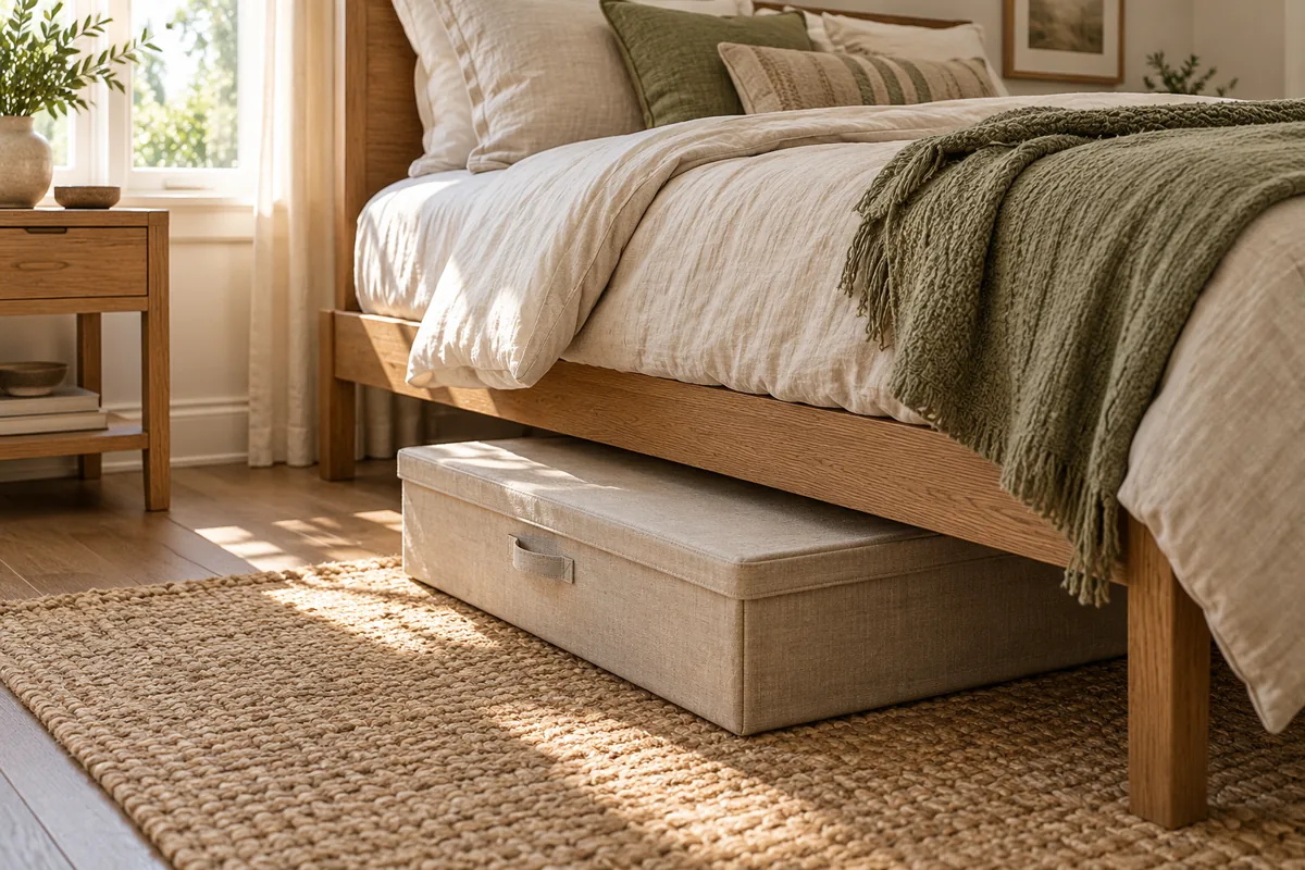 A lidded storage bin partly pulled from under a bed