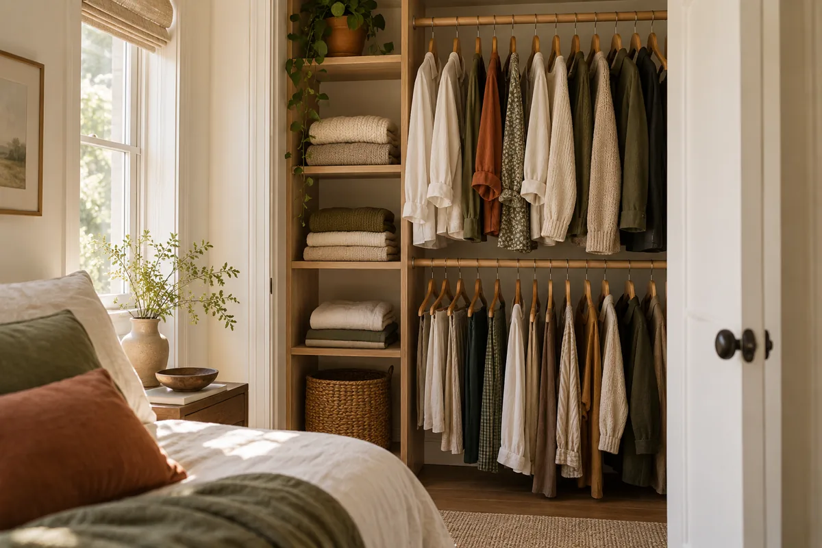 A small closet with two rods and neatly folded knits