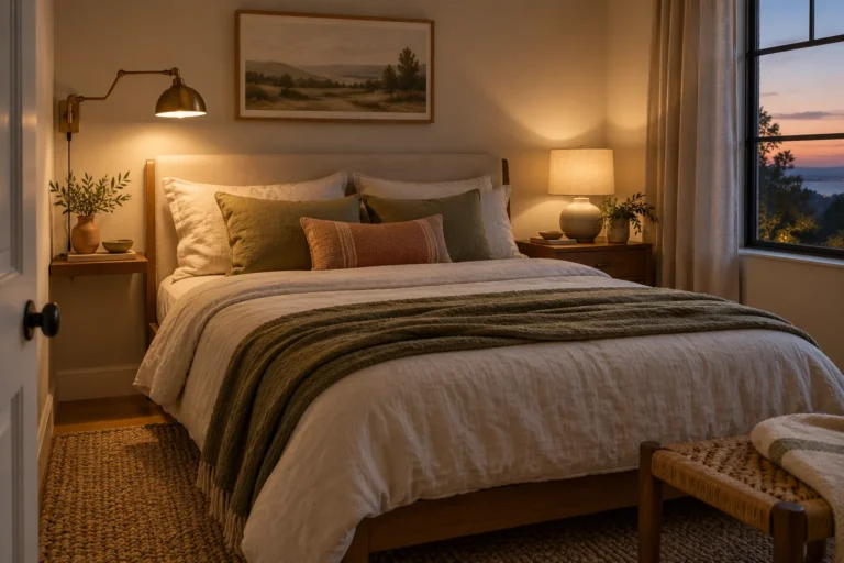 A small bedroom with a wall-mounted swing-arm lamp on one side of the bed and a table lamp on a narrow nightstand on the other, both glowing with warm light.