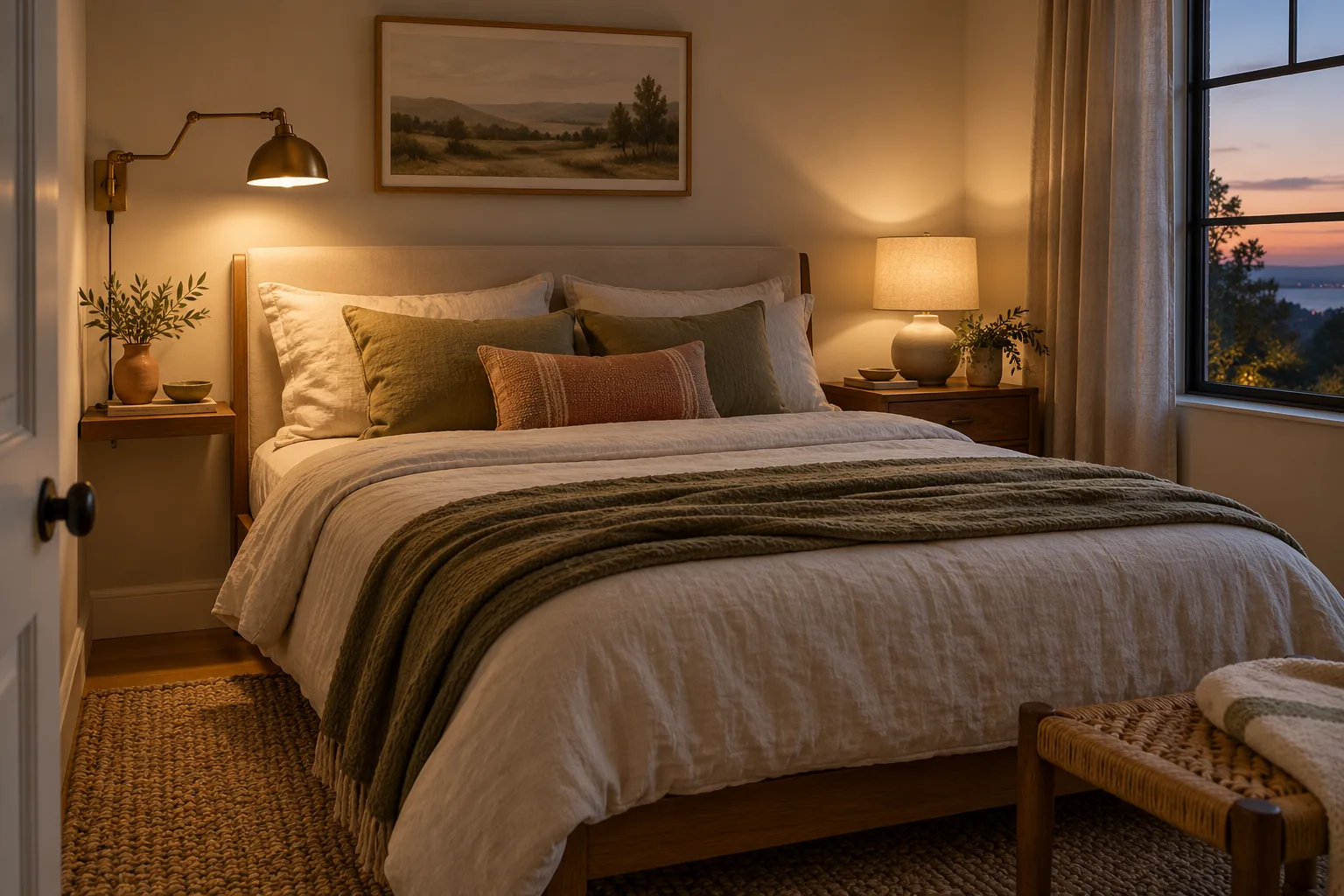 A small bedroom with a wall-mounted swing-arm lamp on one side of the bed and a table lamp on a narrow nightstand on the other, both glowing with warm light.