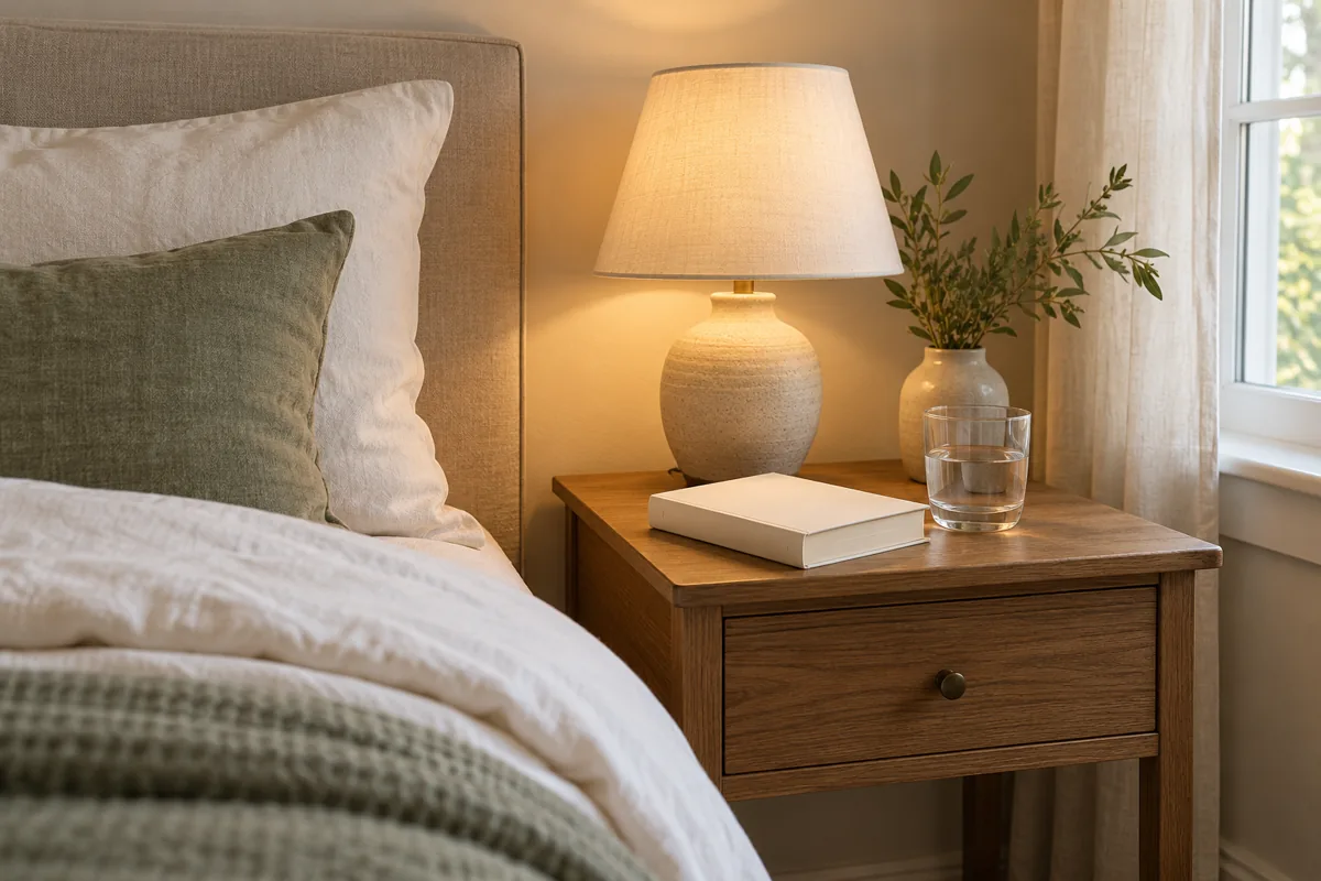 A narrow nightstand beside a bed holding a warm-lit table lamp, a paperback, and a water glass.