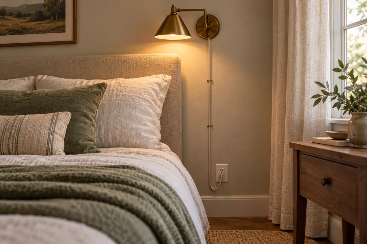 A plug-in wall sconce mounted above a bed pillow, with its cord neatly clipped down the wall to a nearby outlet.