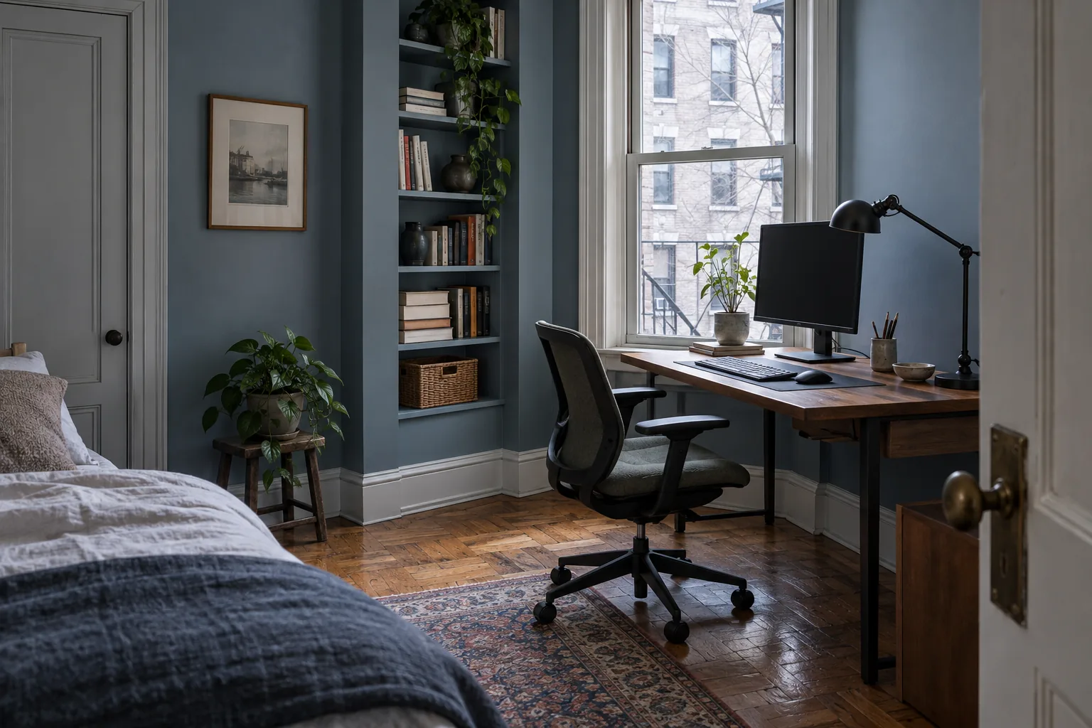 Illustrative slate-blue bedroom with a computer desk beside a window.