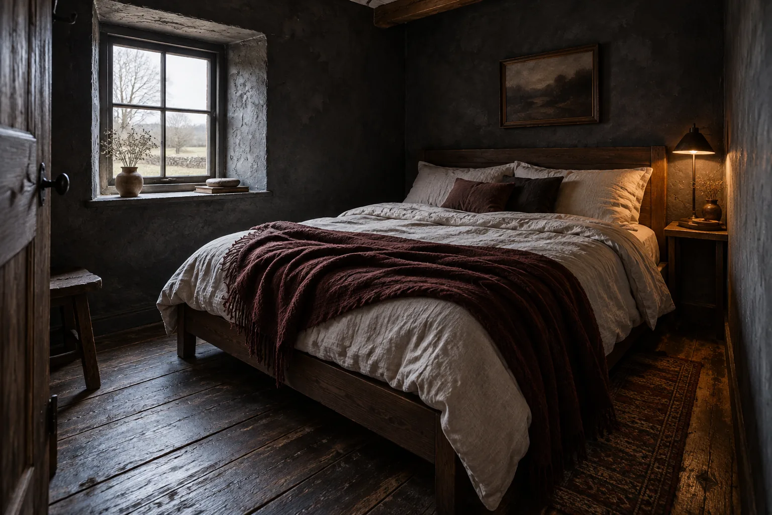 Charcoal rustic bedroom with pale linen, dark wood and a small shaded bedside lamp