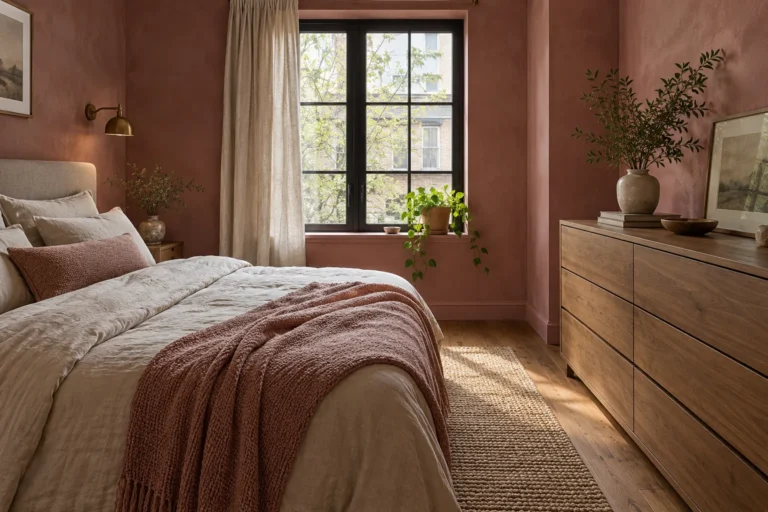 Illustrative dusty rose bedroom with a closed wood dresser opposite the bed.