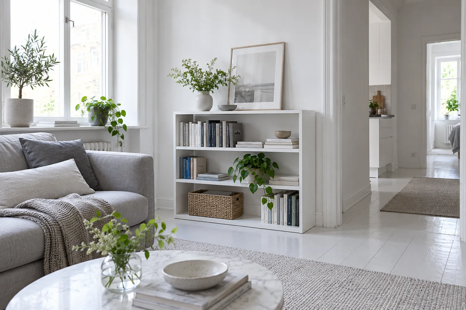 Illustrative white living room with a shallow bookcase beside the passage.