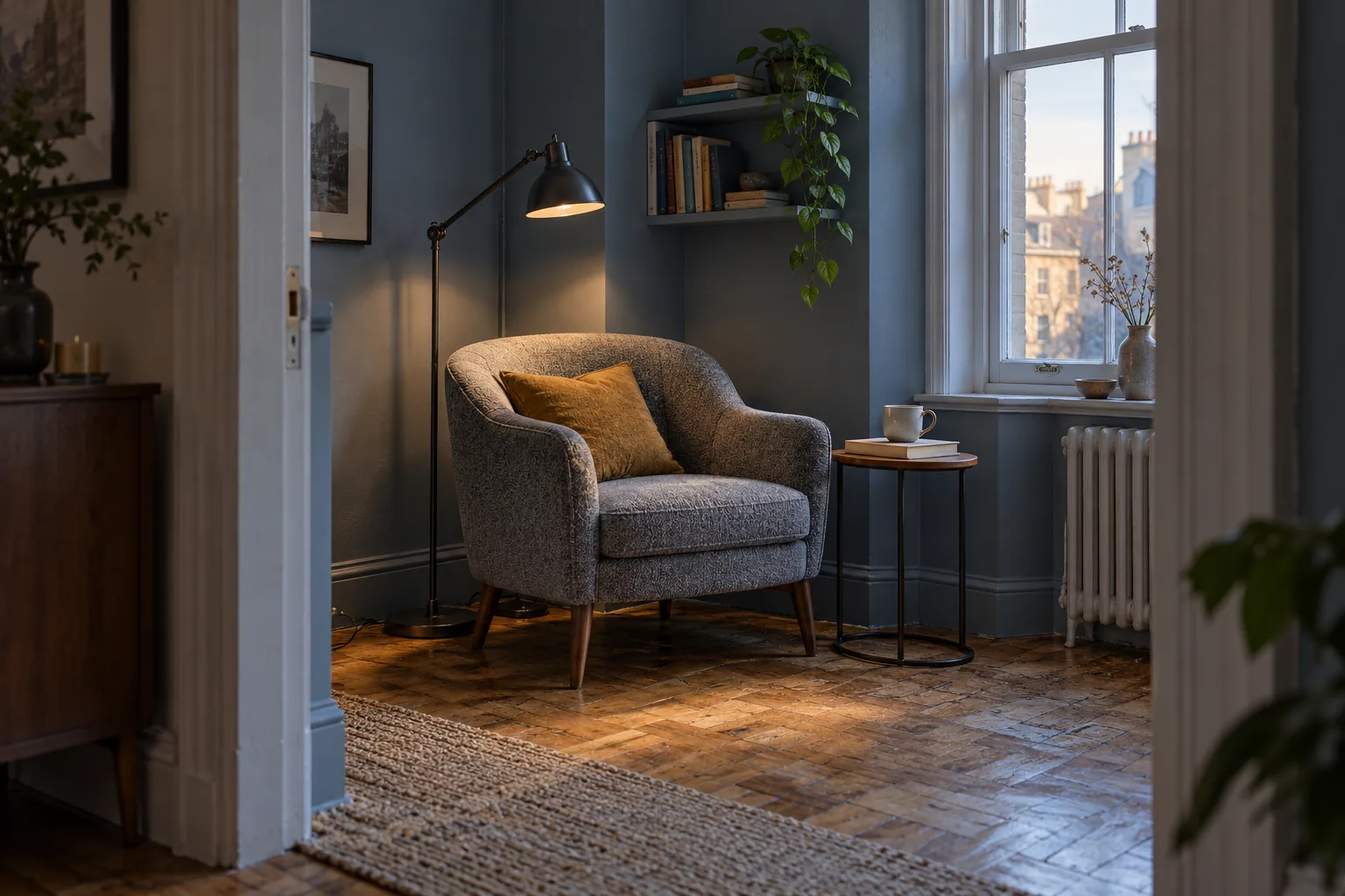Blue-gray reading alcove with a small upholstered chair, side table, task lamp and open floor in front