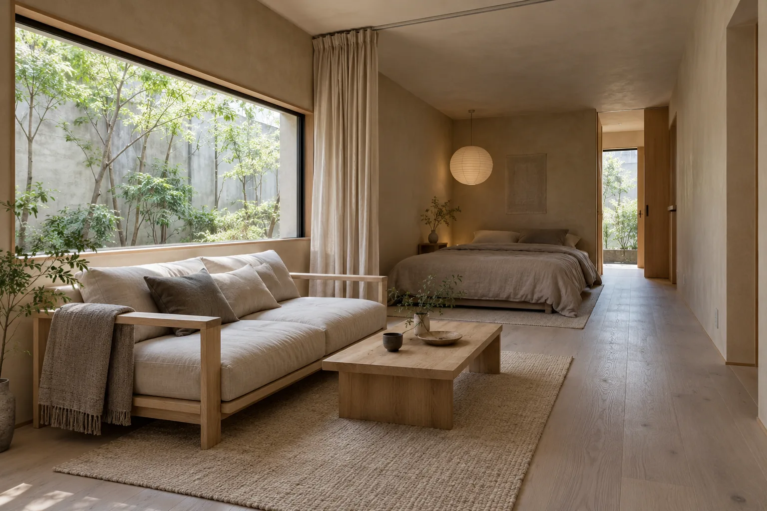 Low sofa and bed in a muted courtyard studio with natural textures and an open side route