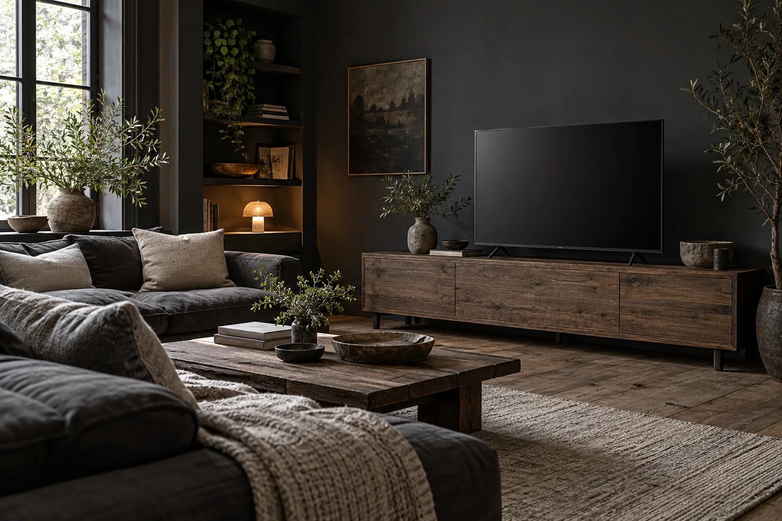 Illustrative charcoal living room with a television on a low wood console.