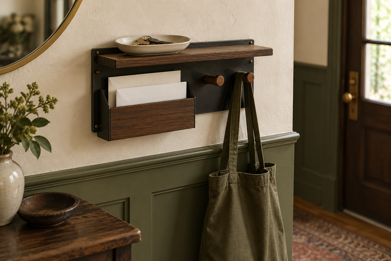 Generic wall arrival-station concept with keys, mail and an olive tote.