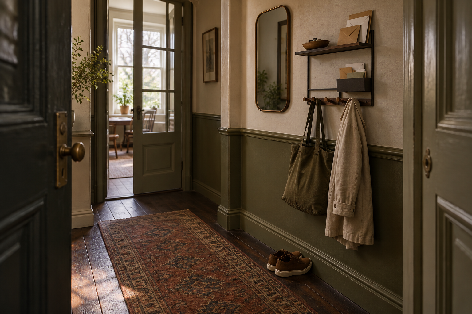 An olive-and-rust narrow entryway with a generic wall organizer and a clear floor.