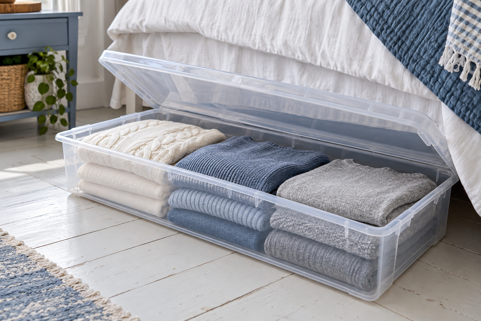 Generic clear under-bed storage concept with folded seasonal textiles.