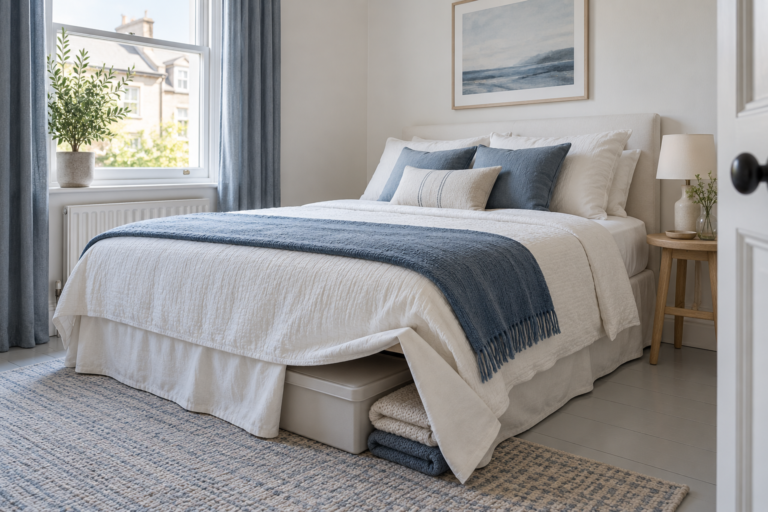 White-and-slate-blue bedroom concept with concealed storage.
