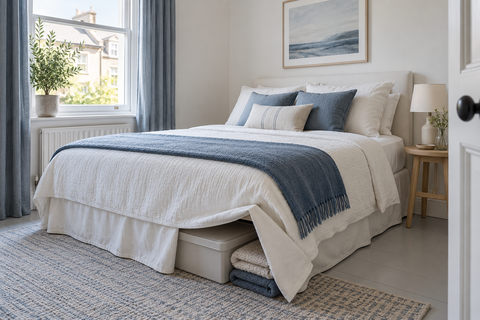 A white-and-slate-blue bedroom with a bed skirt and a generic concealed storage box.