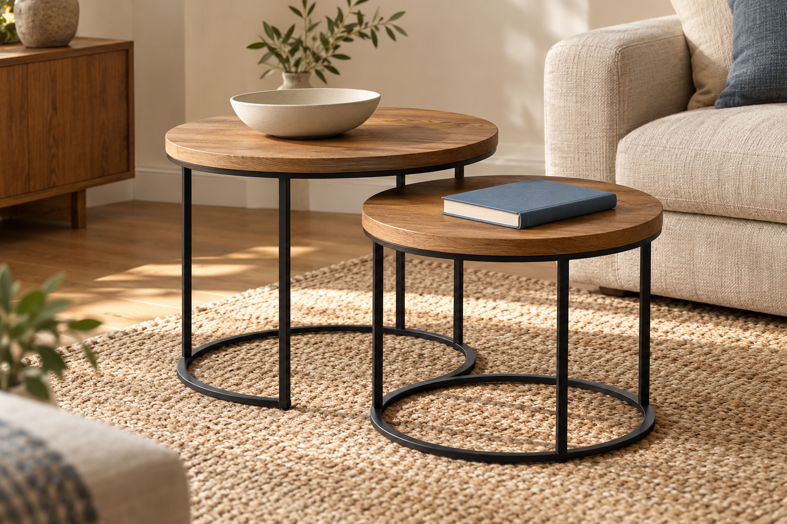 Generic wood-tone nesting-table concept with a bowl and book.