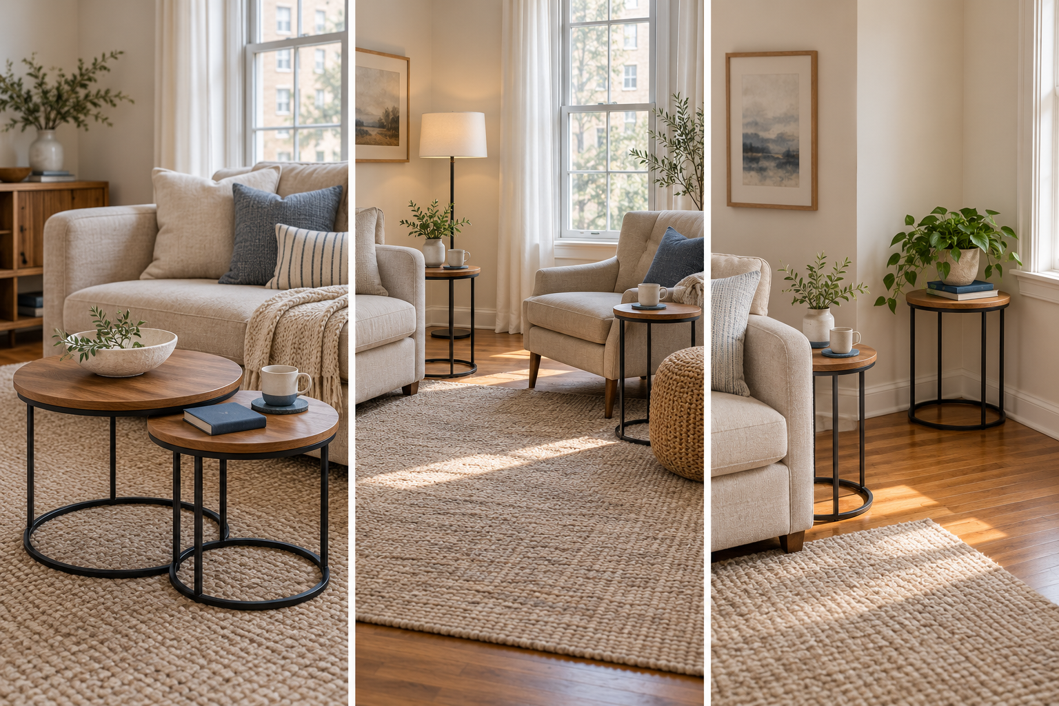 Three concept panels: grouped tables, separate drink surfaces, and a sofa-side table with a plant display.
