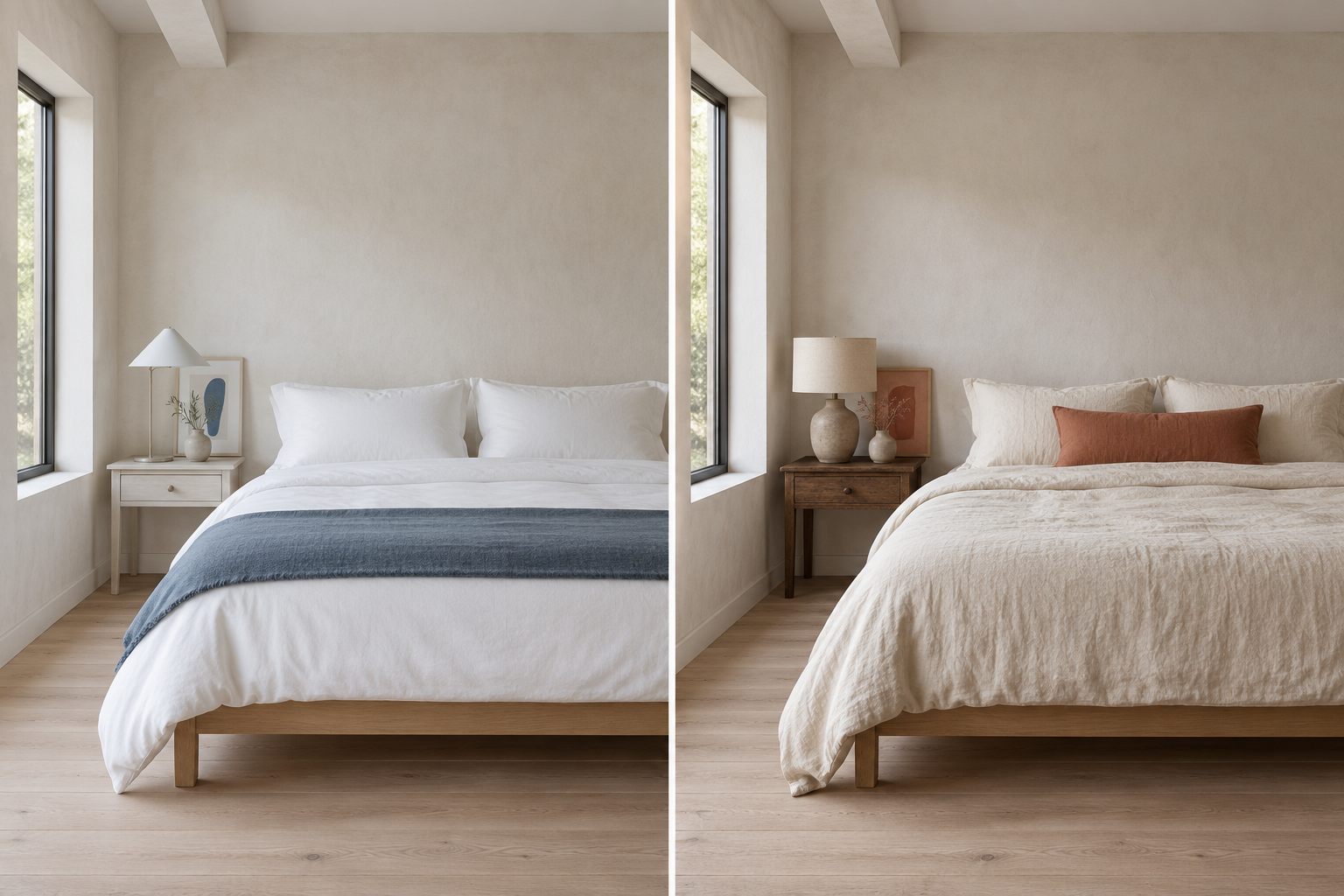 Two bedroom views: white bedding with a slate-blue throw, pale bedside table and cone-shade lamp; ivory bedding with a rust pillow, dark bedside table and drum-shade ceramic lamp.