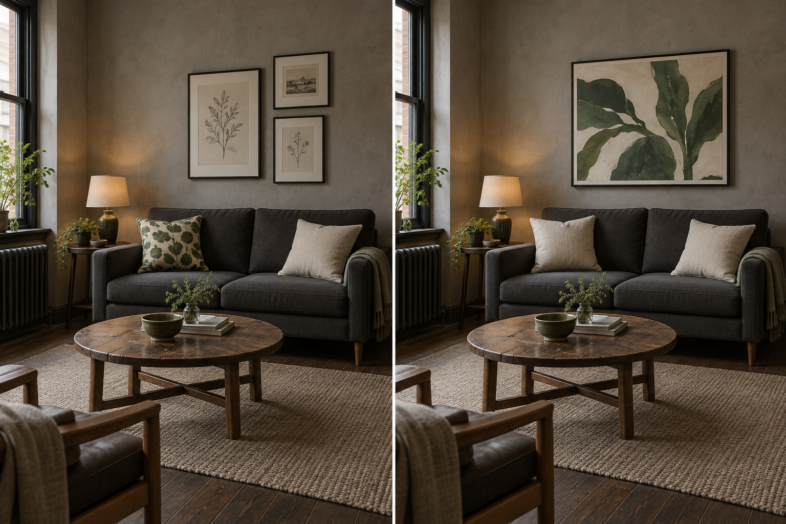 Side-by-side gray sofas: one leafy-green cushion beneath three ivory-toned prints, and two ivory cushions beneath large green botanical art; round wood tables and plaster walls.