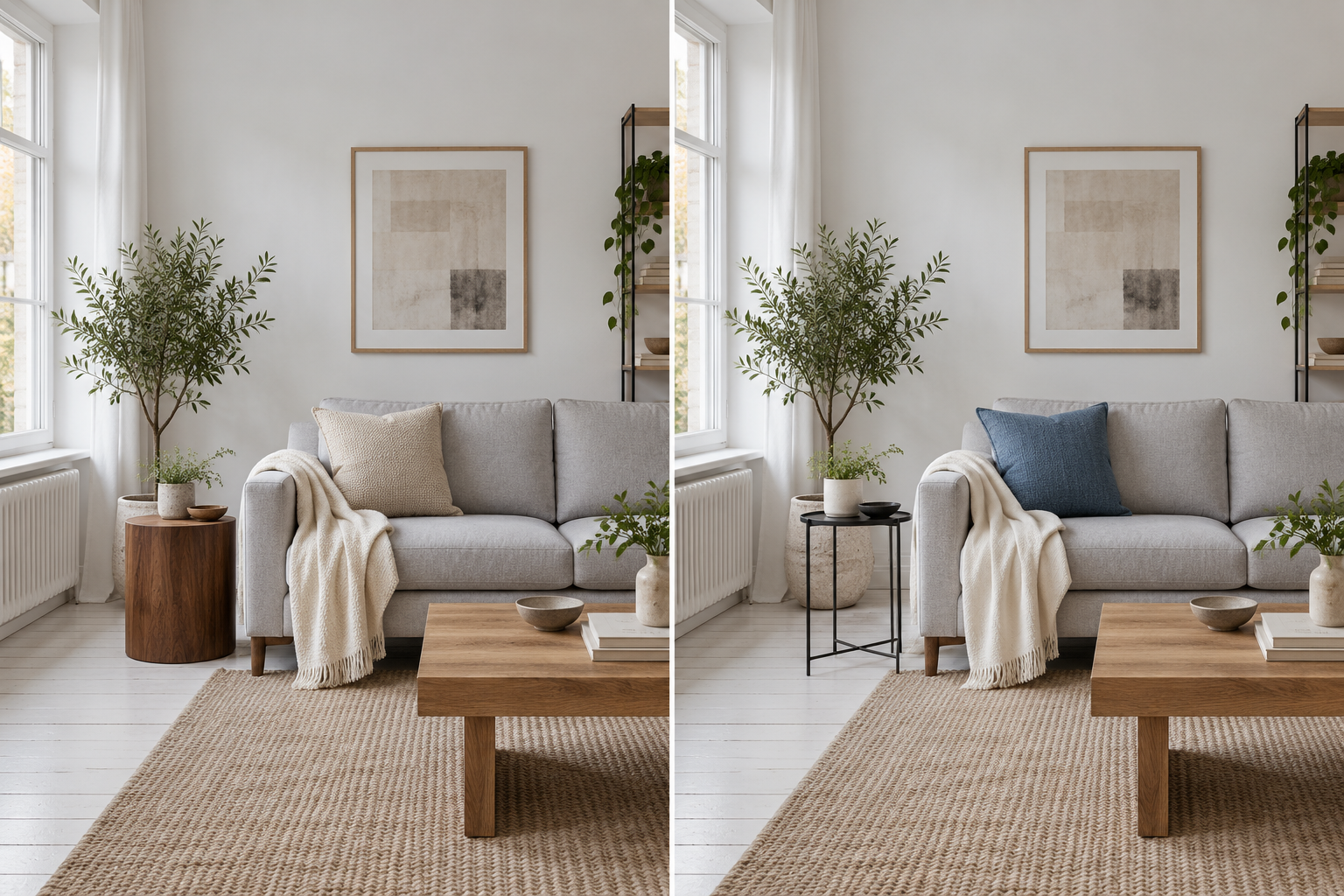 Two concepts of the same white room and gray sofa: oatmeal and ivory beside a solid walnut table, or slate blue and off-white beside an open black table.