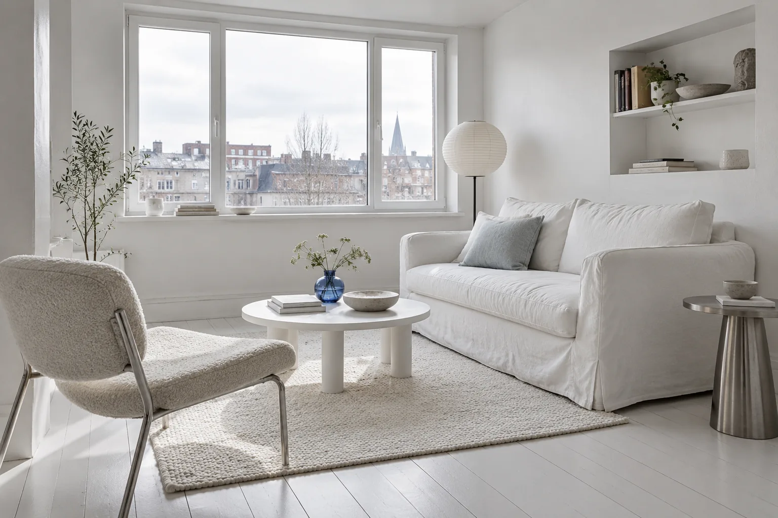 White living room with a cotton-covered sofa, textured rug, metal side table and blue glass vase